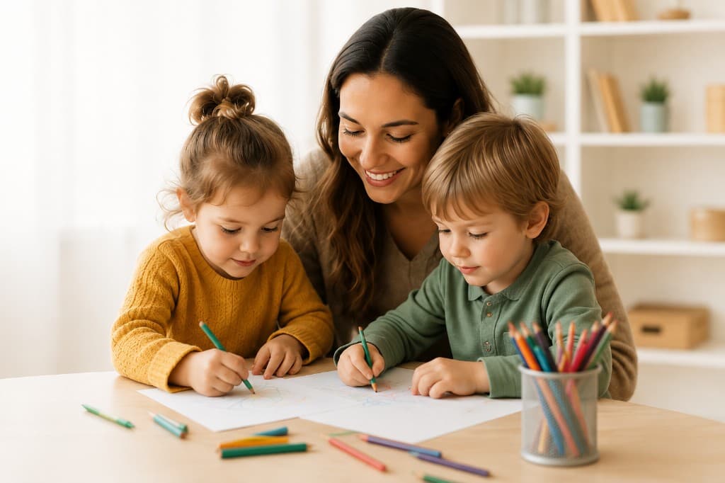 Educator supporting children with creative learning activities